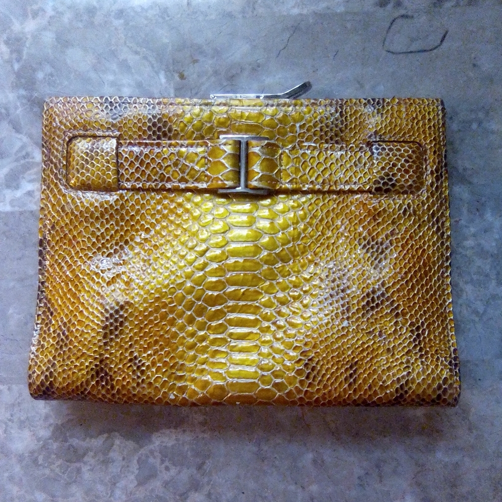 Abas Croc Python Snake Skin Embossed Gold Tone Cl… - image 1